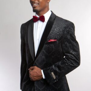 Glossy Damask Pattern Modern Fit Jacket with Velvet Shawl Collar-13035