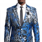 Blue and Silver Floral Two Button Modern Fit Jacket