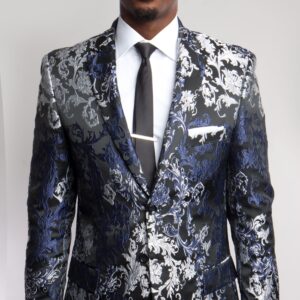 Navy and Silver Two Button Modern Fit Floral Jacket-26624