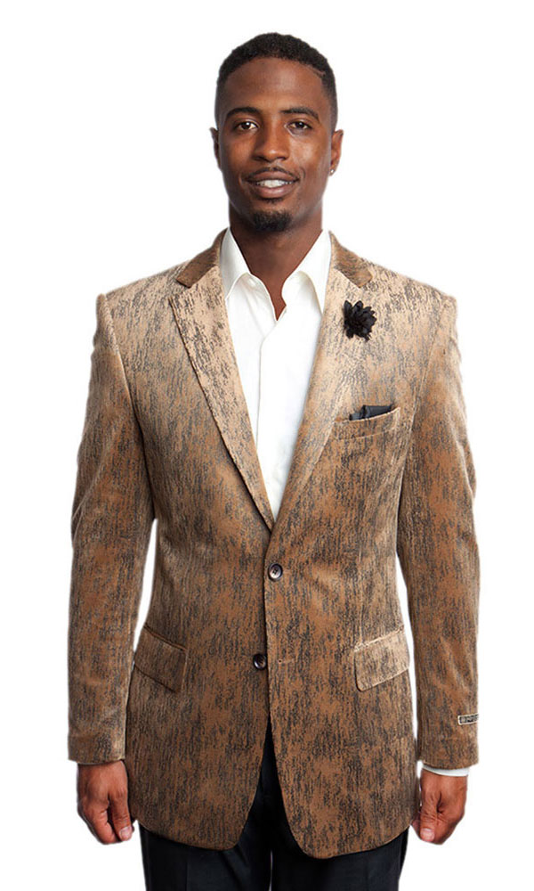 Gold Velvet Marbled Two Button Modern Fit Jacket Front View Gold Velvet Marbled Two Button Modern Fit Jacket Front View
