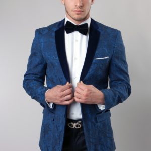 Navy Leaf Pattern Two Button Ultra Slim Fit Jacket with Shawl Lapel