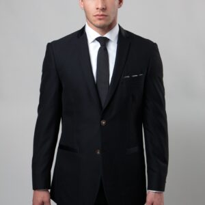 Dark Blue Patterned Two Button Ultra Slim Fit Jacket with Satin Collar-0