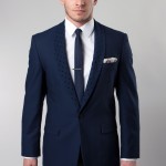 Navy One Button Ultra Slim Fit Jacket with Patterned Shawl Lapel-0