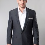 Gray One Button Ultra Slim Fit Jacket with Patterned Shawl Lapel-0