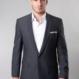 Gray One Button Ultra Slim Fit Jacket with Patterned Shawl Lapel-0