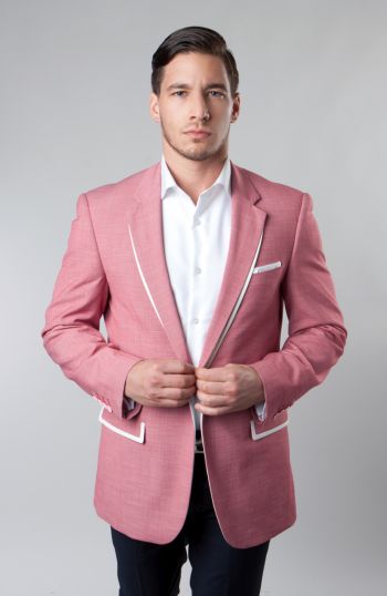 Pink Two Toned One Button Modern Fit Jacket with White Trim Pink Two Toned One Button Modern Fit Jacket with White Trim