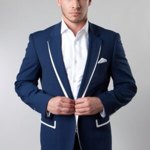 Dark Blue Two Toned One Button Ultra Slim Fit Jacket with White Trim