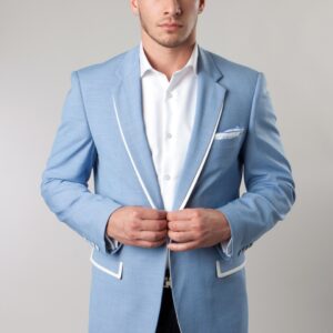 Light Blue Two Toned One Button Modern Fit Jacket with White Trim