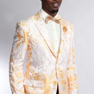 Gold and White Two Button Ultra Slim Fit Floral Jacket