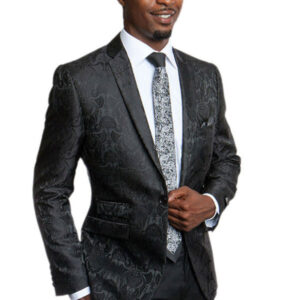 Black Floral Damask One Button Ultra Slim Fit Jacket Front View