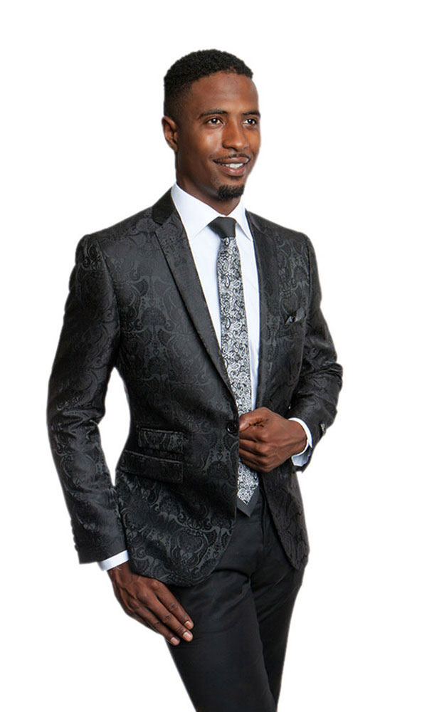 Black Floral Damask One Button Ultra Slim Fit Jacket Front View Black Floral Damask One Button Ultra Slim Fit Jacket Front View