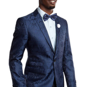 ark Blue Floral Damask One Button Ultra Slim Fit Floral Pattern Jacket Front View