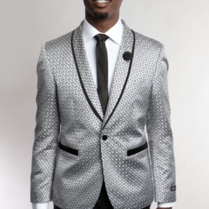 Dark Silver One Button Ultra Slim Fit Jacket with Shawl Collar-33882
