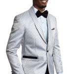 Shimmering Silver Patterned Ultra Slim Fit Jacket with Shawl Lapel Front View