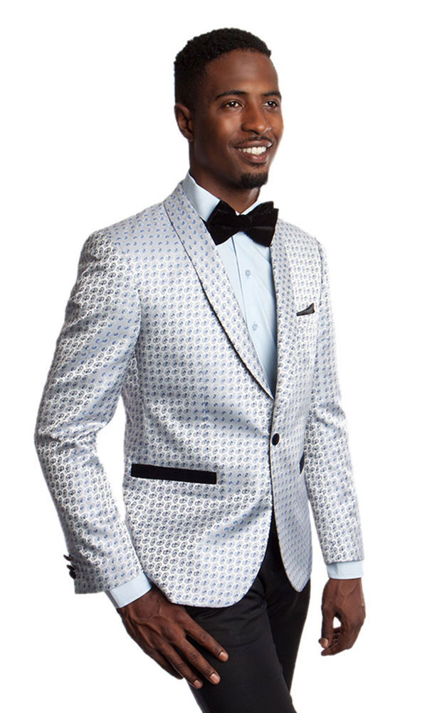 Shimmering Silver Patterned Ultra Slim Fit Jacket with Shawl Lapel Front View Shimmering Silver Patterned Ultra Slim Fit Jacket with Shawl Lapel Front View