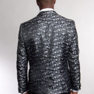 Black One Button Ultra Slim Fit Silver Patterned Jacket - Back View