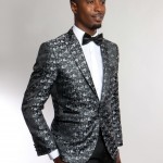 Black One Button Ultra Slim Fit Silver Patterned Jacket