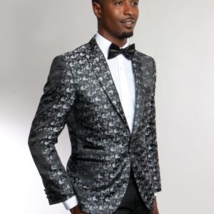 Black One Button Ultra Slim Fit Silver Patterned Jacket