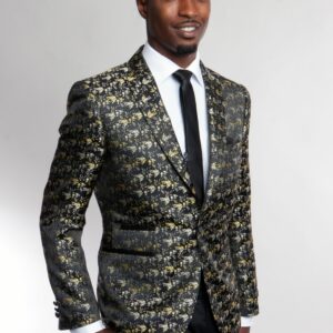 Black One Button Ultra Slim Fit Gold Patterned Jacket-38530