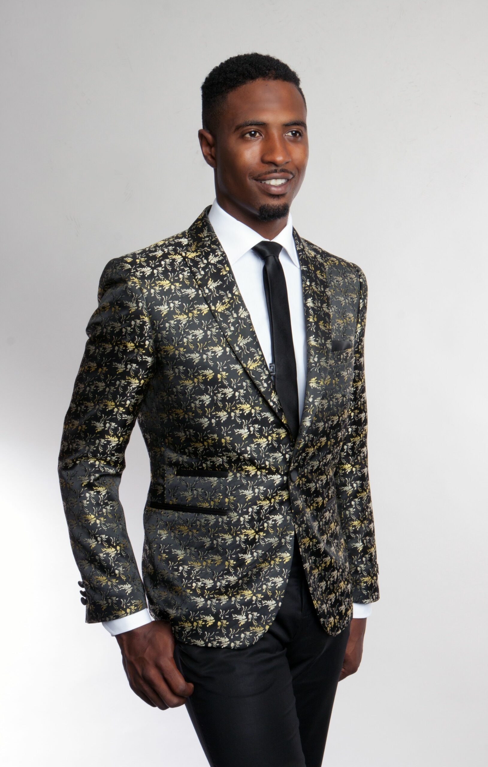 Black One Button Ultra Slim Fit Gold Patterned Jacket-38534