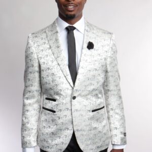 White One Button Ultra Slim Fit Patterned Jacket-37888