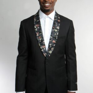 Black One Button Modern Fit Patterned Lapels Jacket Front View