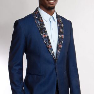 Navy One Button Modern Fit Patterned Lapels Jacket Front View