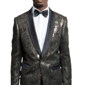 Gold Paisley Patterned One Button Modern Fit Jacket Front View