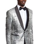 Silver and Black One Button Modern Fit Patterned Jacket Front View