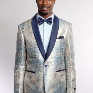 Silver and Navy One Button Modern Fit Patterned Jacket Front View