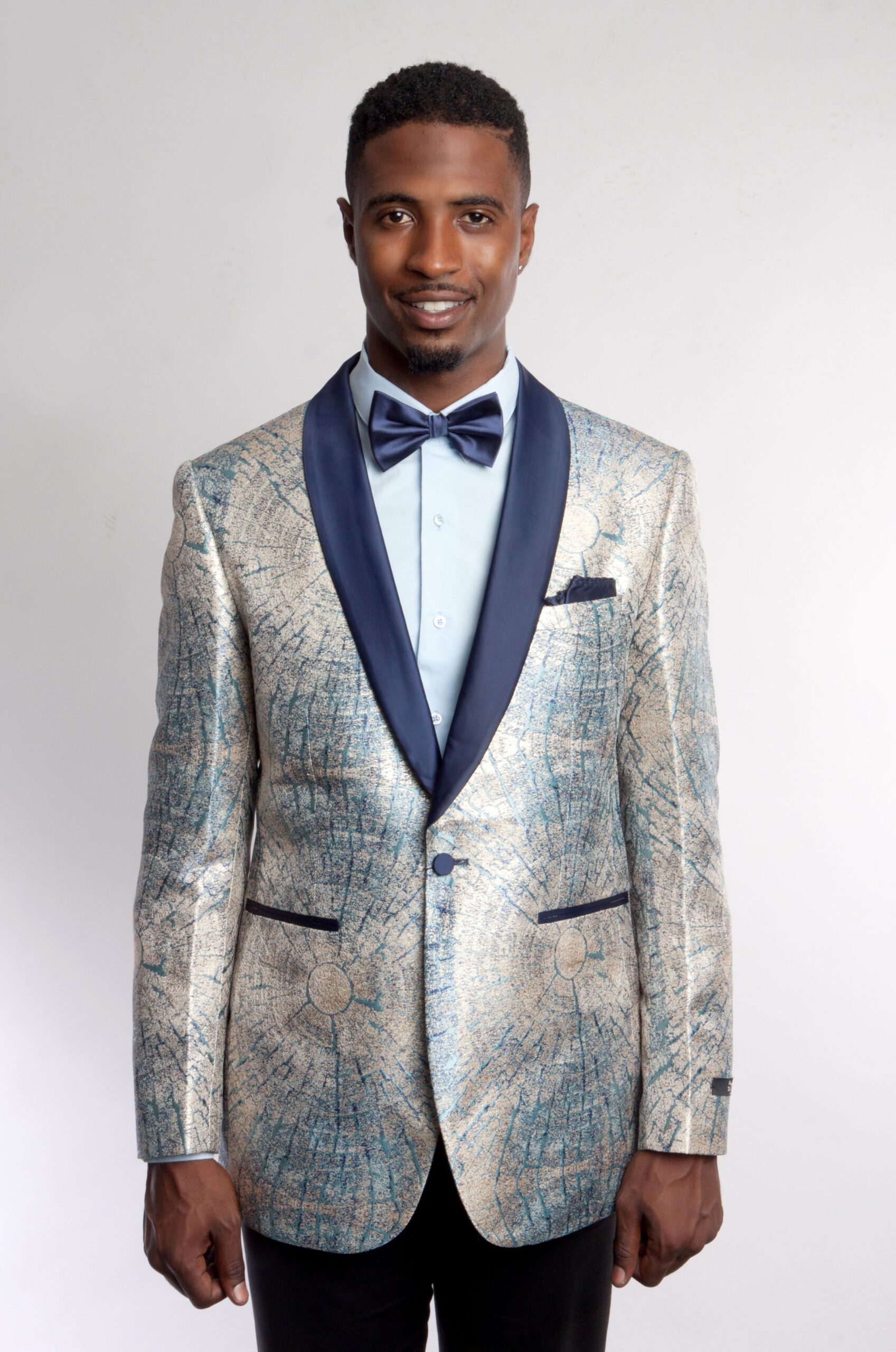 Silver and Navy One Button Modern Fit Patterned Jacket Front View Silver and Navy One Button Modern Fit Patterned Jacket Front View