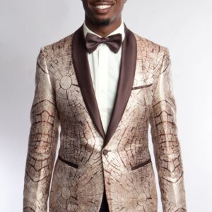 Brown and Gold One Button Modern Fit Patterned Jacket Front View