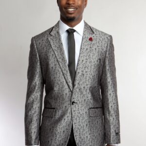 Silver One Button Ultra Slim Fit Patterned Jacket Front VIew