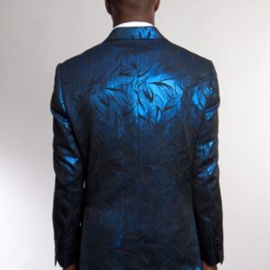 Blue One Button Ultra Slim Fit Shiny Patterned Jacket Back View