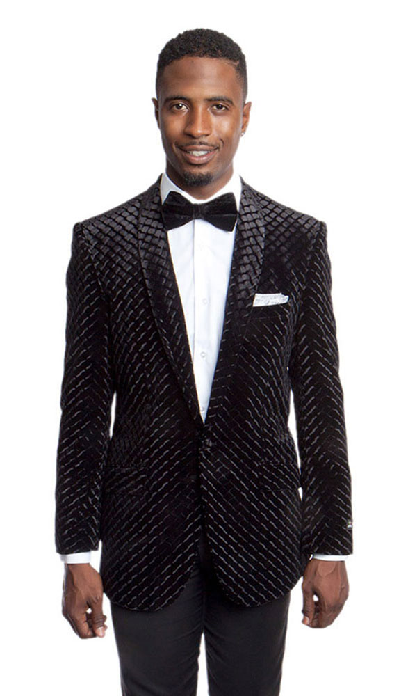 Luxurious Black Patterned One Button Ultra Slim Fit Jacket Front View Luxurious Black Patterned One Button Ultra Slim Fit Jacket Front View