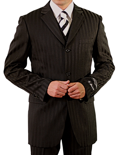 Black Shadow Stripe 3 Button 3-Piece Suit-0 Black Shadow Stripe 3 Button 3-Piece Suit-0