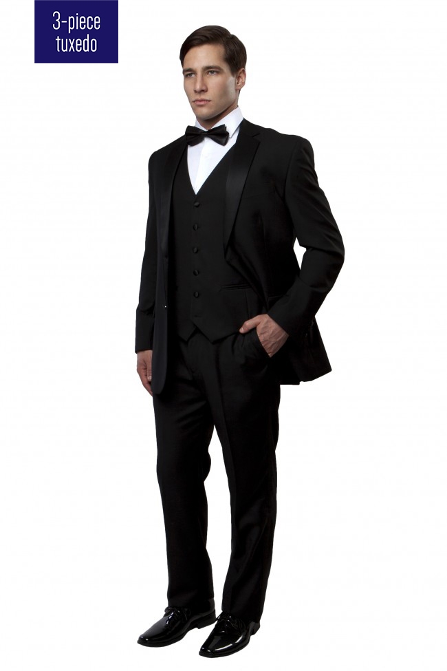 Black Slim Fit Three Piece Tuxedo - Satin Notch Lapel Black Slim Fit Three Piece Tuxedo - Satin Notch Lapel