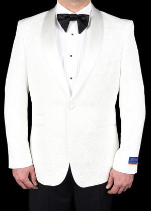 White Modern Fit One Button Brocade Jacket-0 White Modern Fit One Button Brocade Jacket-0