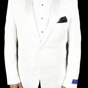 White Slim Fit One Button Brocade Jacket-0