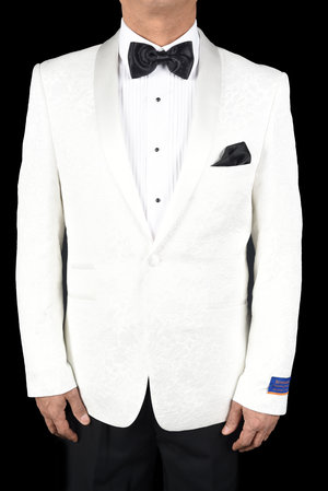 White Slim Fit One Button Brocade Jacket-0 White Slim Fit One Button Brocade Jacket-0