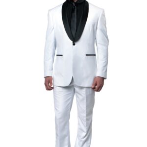 One Button White Tuxedo with Black Satin Shawl Collar