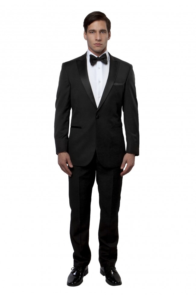Black One Button Slim Fit Tuxedo - Satin Peak Lapel Black One Button Slim Fit Tuxedo - Satin Peak Lapel