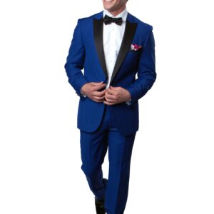 Blue One Button Slim Fit Blue Tuxedo with Satin Lapel