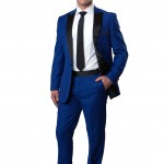 Blue One Button Slim Fit Blue Tuxedo with Satin Lapel