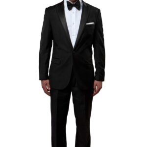 Black Slim Fit Tuxedo with Satin Peak Lapel with Fabric Trim