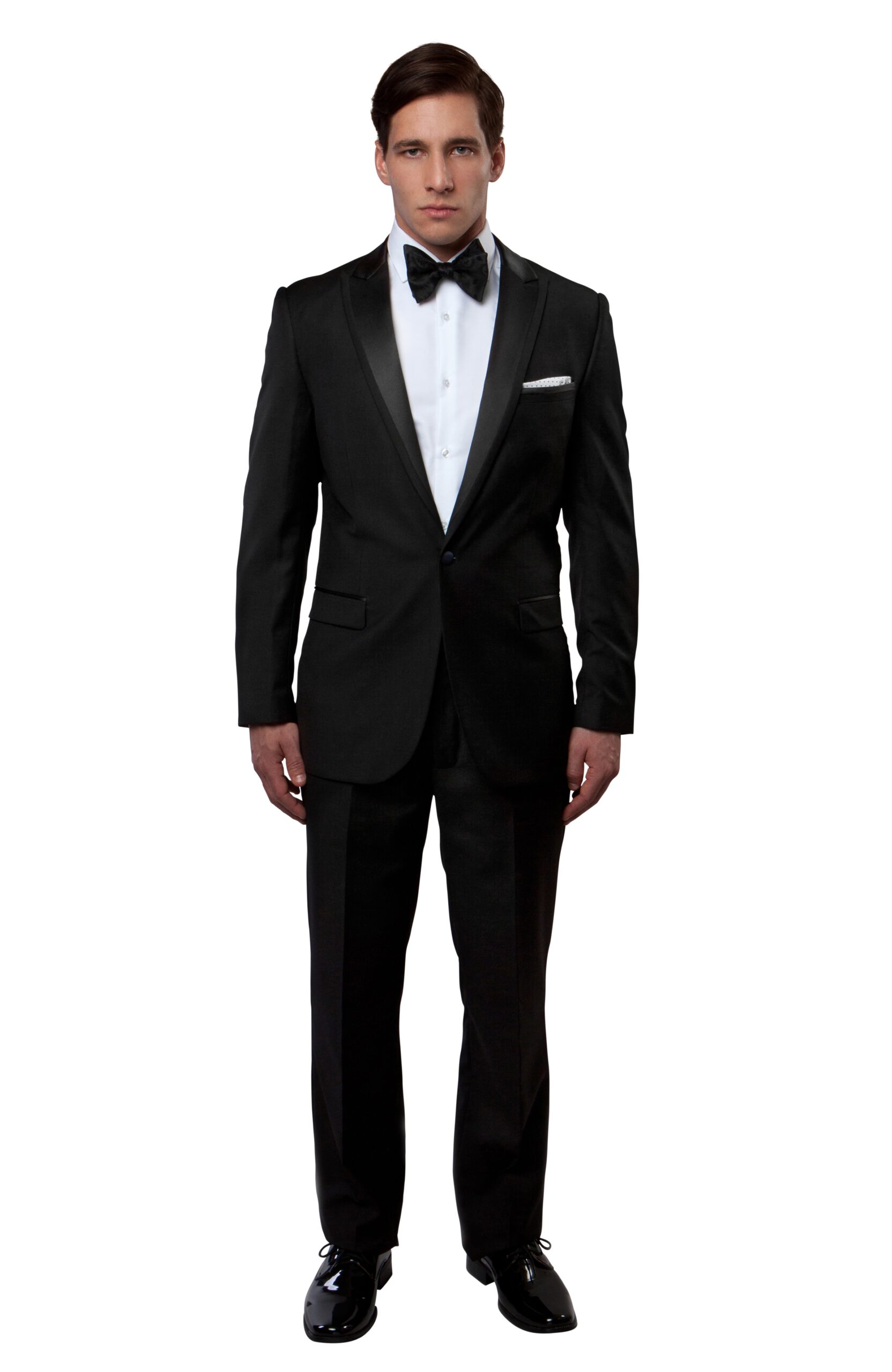 Black Slim Fit Tuxedo with Satin Peak Lapel with Fabric Trim Black Slim Fit Tuxedo with Satin Peak Lapel with Fabric Trim