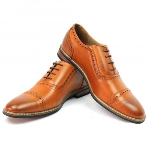 LA MILANO Mens Leather Oxford Lace Up Cap Toe Dress Shoes Brown-23874