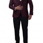 Slim Fit Burgundy 3 Piece Tuxedo with Black Lapel Details-0