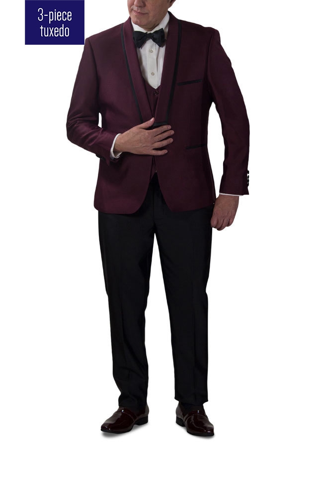 Slim Fit Burgundy 3 Piece Tuxedo with Black Lapel Details-0 Slim Fit Burgundy 3 Piece Tuxedo with Black Lapel Details-0