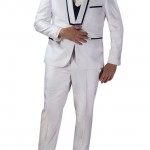 Slim Fit White 3 Piece Suit with Navy Lapel Details-0